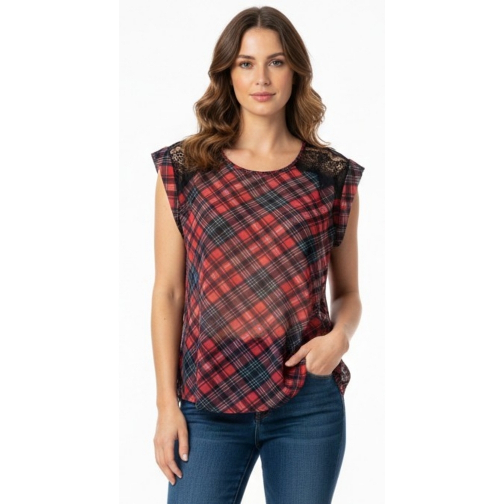 Daniel Rain Plaid Semi Sheer Lace Detail Top